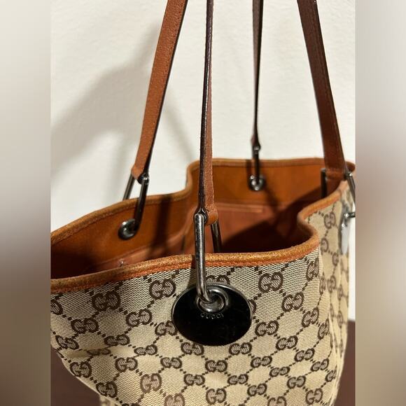 Gucci Vintage Tote Classic Beige GG Logo Canvas Orange Leather Trim Medium Size - Picture 8 of 15